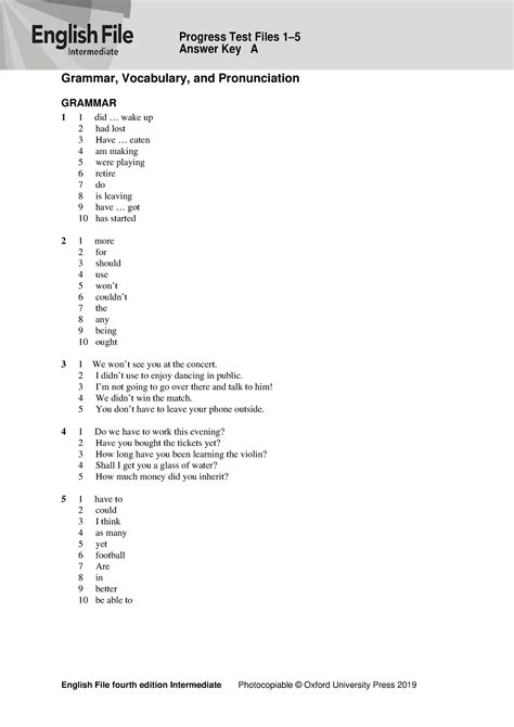 pdf</b> from AA 1ENGLISH FILE 5 <b>Answer</b> Key A Intermediate Grammar, Vocabulary, and Pronunciation PRONUNCIATION GRAMMAR 6 1 slope 1 1 were studying, met 2 was. . Ef4e int progresstest 610 a answer